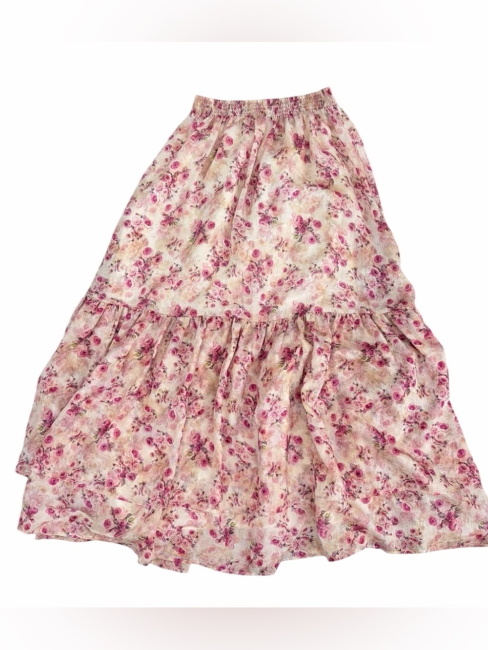 Romantic Cottagecore Cream Skirt with Pink Floral Print - Picture 2 of 13